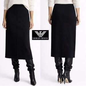 Giorgio Armani Black Extra Fine Merino Wool Knit Midi Skirt 44 L Made in Italy